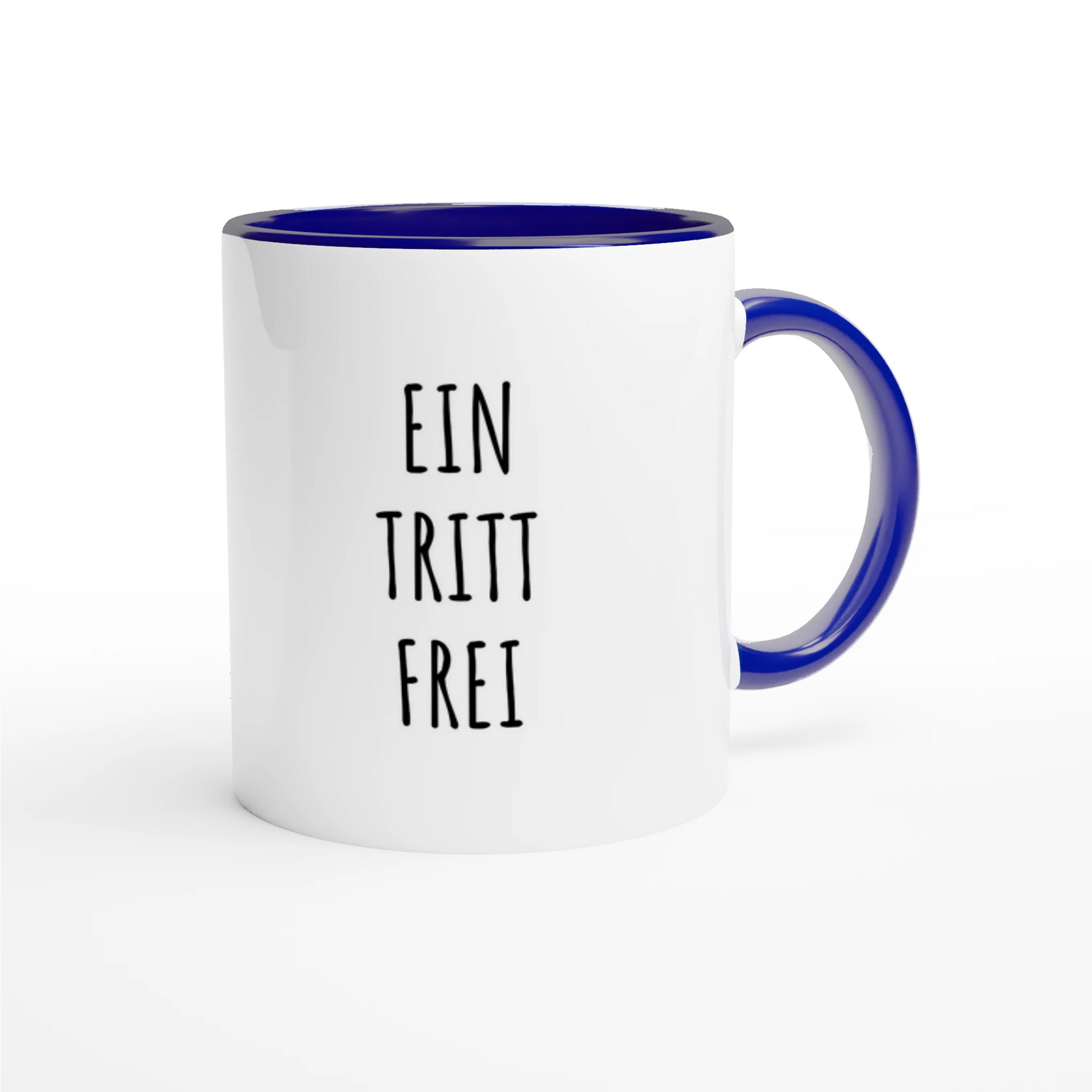 Zweifarbige Keramiktasse 325 ml mit Aufdruck "Ein Tritt frei" in Blau – Schreibtischtasse von Vollzeitfrust

