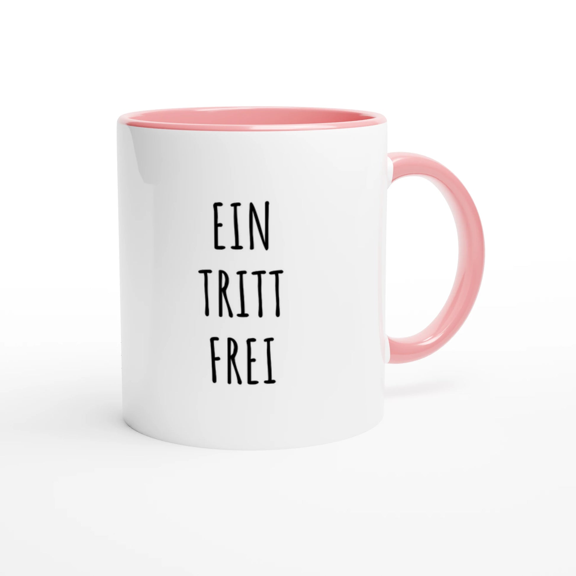 Zweifarbige Keramiktasse 325 ml mit Aufdruck "Ein Tritt frei" in Rosa – Schreibtischtasse von Vollzeitfrust
