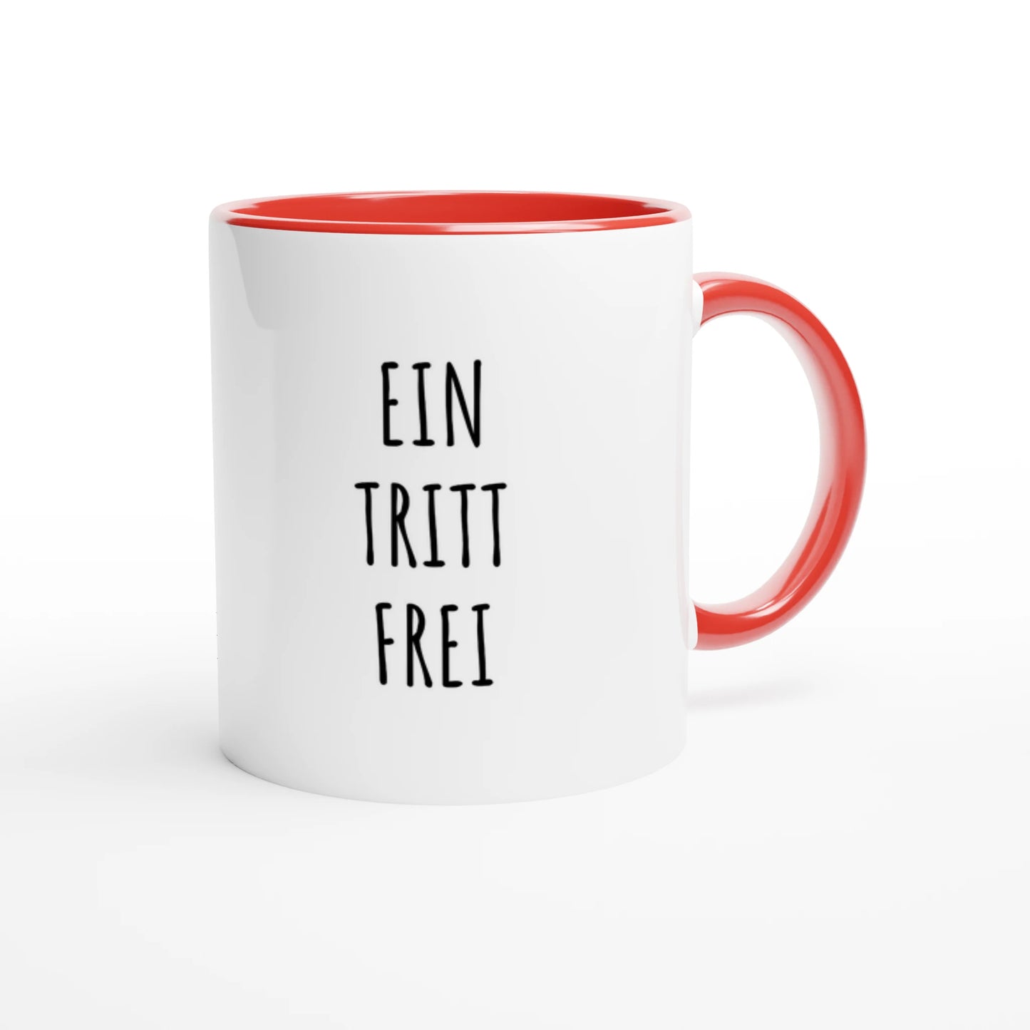 Zweifarbige Keramiktasse 325 ml mit Aufdruck "Ein Tritt frei" in Rot – Schreibtischtasse von Vollzeitfrust
