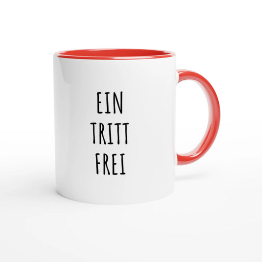 Zweifarbige Keramiktasse 325 ml mit Aufdruck "Ein Tritt frei" in Rot – Schreibtischtasse von Vollzeitfrust
