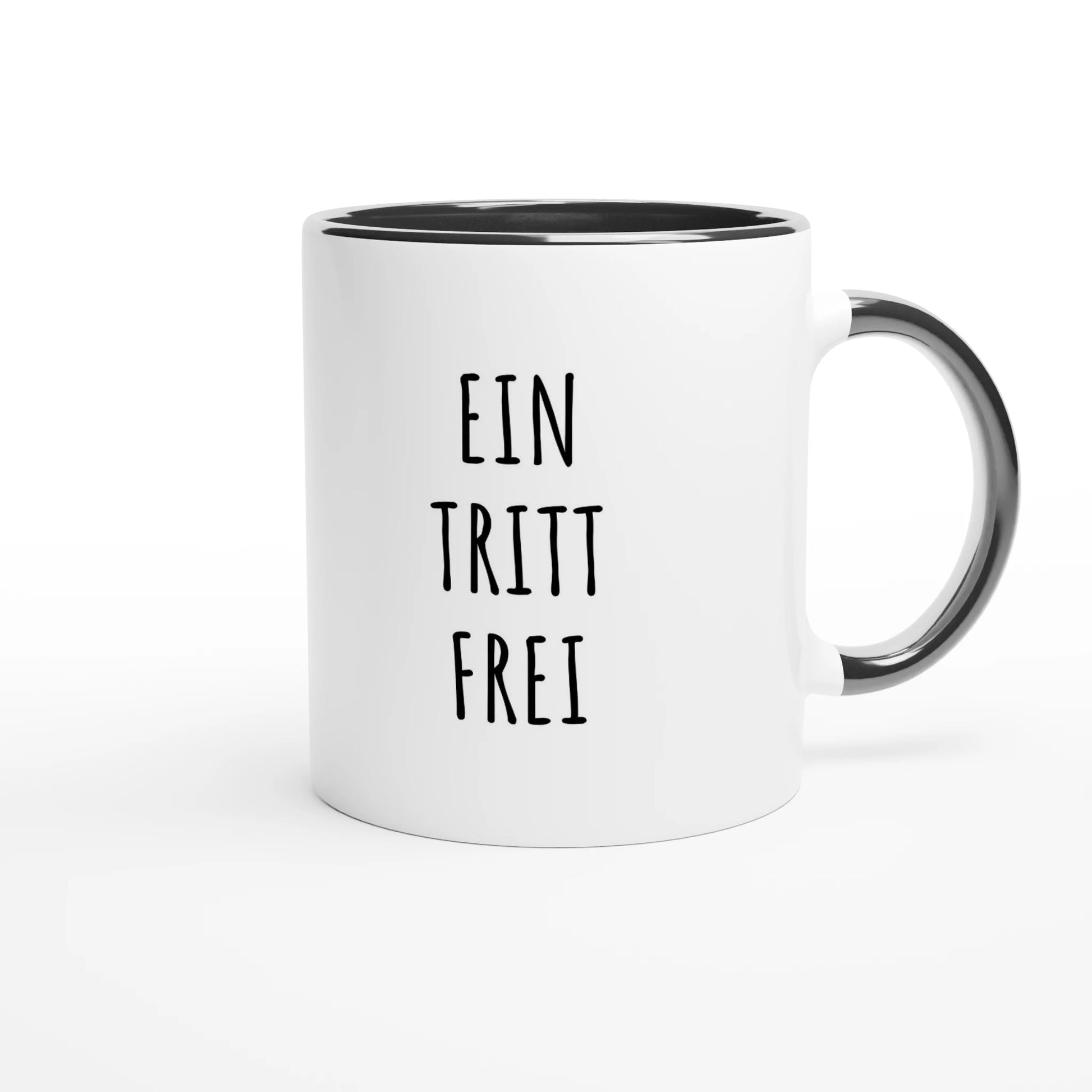 Zweifarbige Keramiktasse 325 ml mit Aufdruck "Ein Tritt frei" in Schwarz – Schreibtischtasse von Vollzeitfrust
