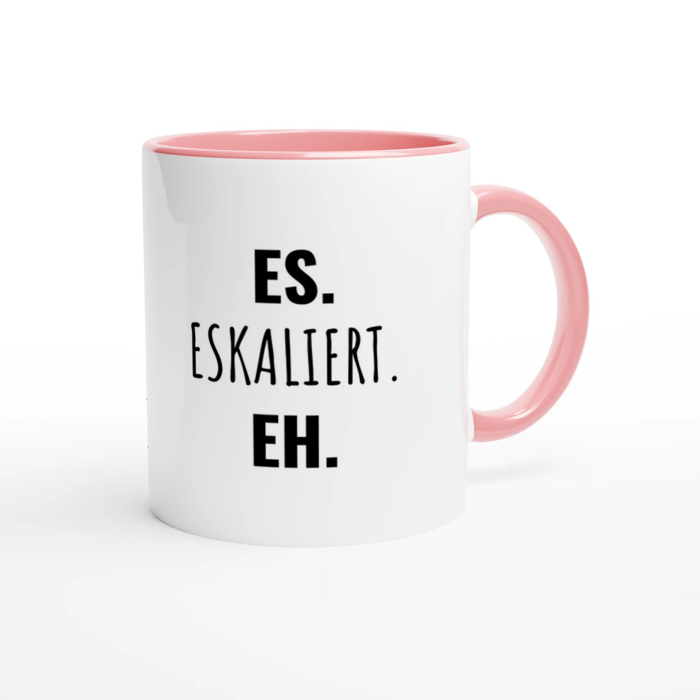 Zweifarbige Keramiktasse 325 ml mit Aufdruck "Es. Eskaliert. Eh" in Rosa – Schreibtischtasse von Vollzeitfrust
