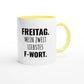 Zweifarbige Keramiktasse 325 ml mit Aufdruck "Freitag. Mein zweitliebstes F-Wort" in Gelb – Schreibtischtasse von Vollzeitfrust

