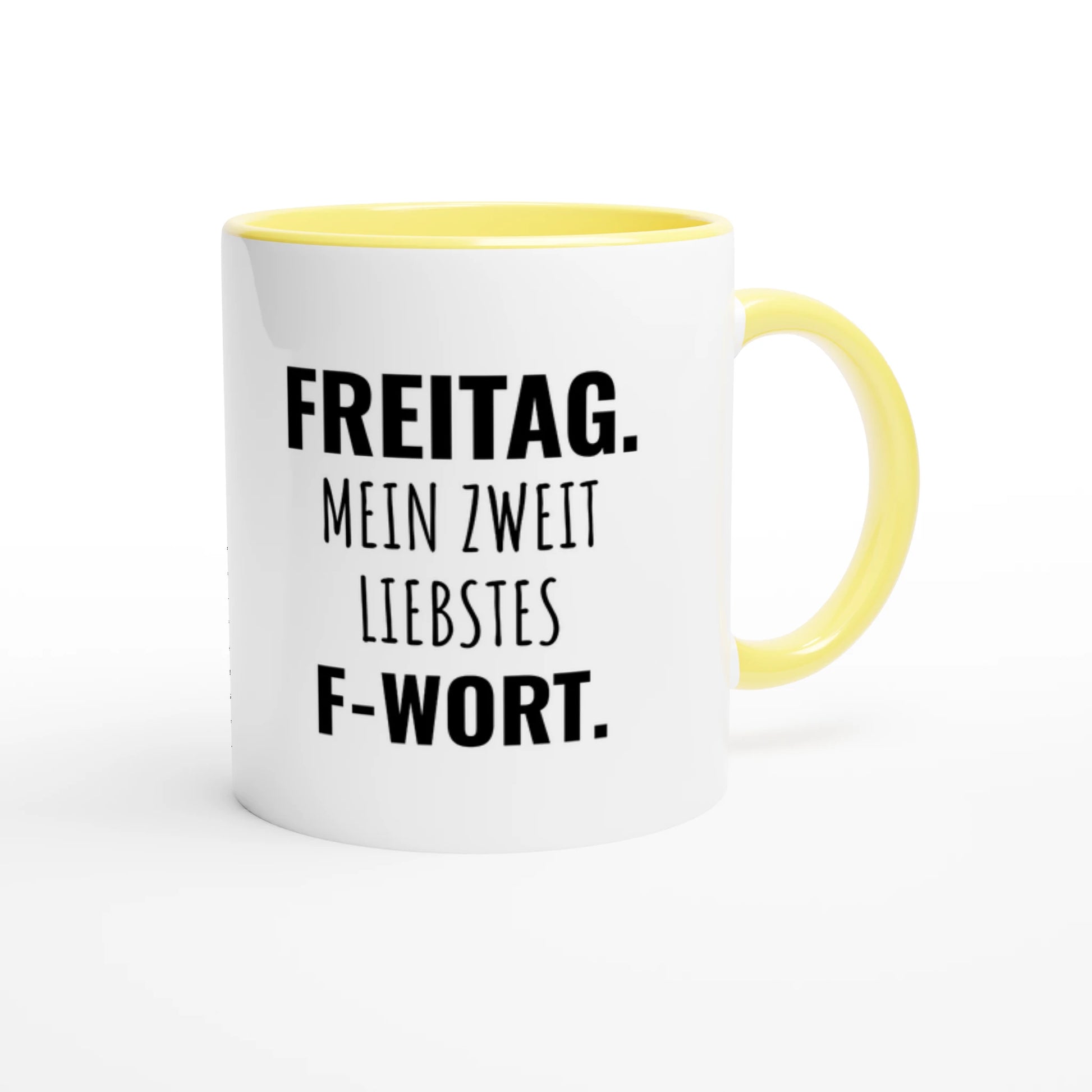 Zweifarbige Keramiktasse 325 ml mit Aufdruck "Freitag. Mein zweitliebstes F-Wort" in Gelb – Schreibtischtasse von Vollzeitfrust
