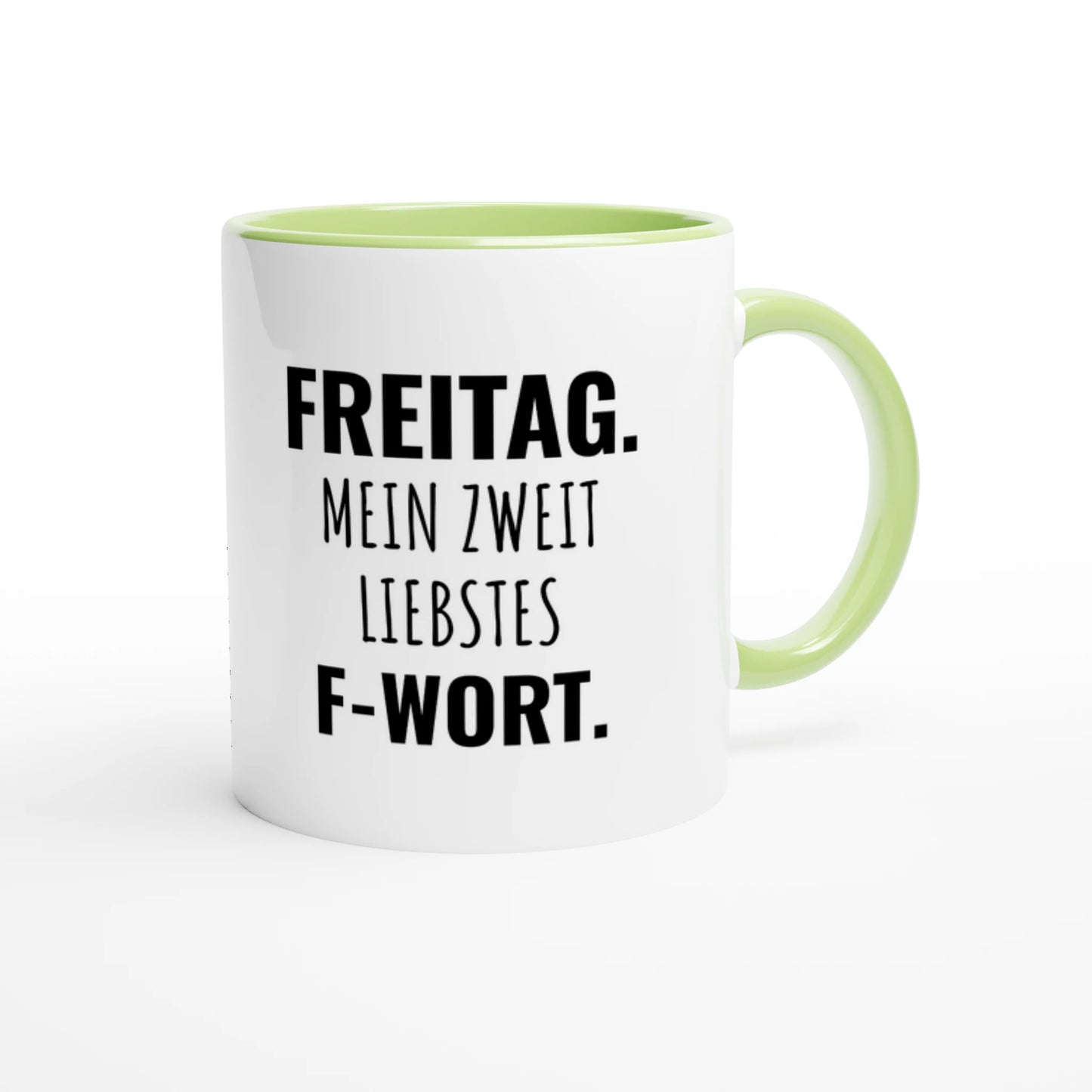 Zweifarbige Keramiktasse 325 ml mit Aufdruck "Freitag. Mein zweitliebstes F-Wort" in Grün – Schreibtischtasse von Vollzeitfrust
