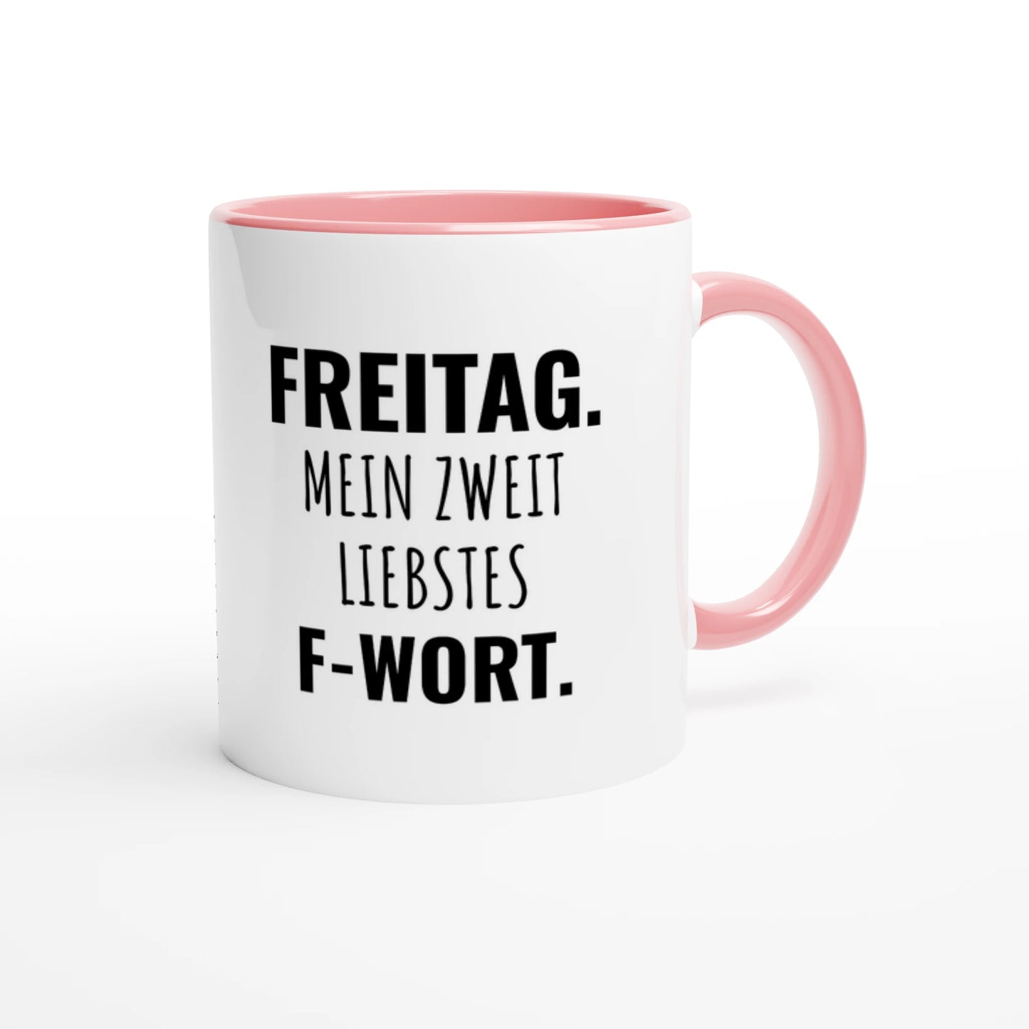 Zweifarbige Keramiktasse 325 ml mit Aufdruck "Freitag. Mein zweitliebstes F-Wort" in Rosa – Schreibtischtasse von Vollzeitfrust
