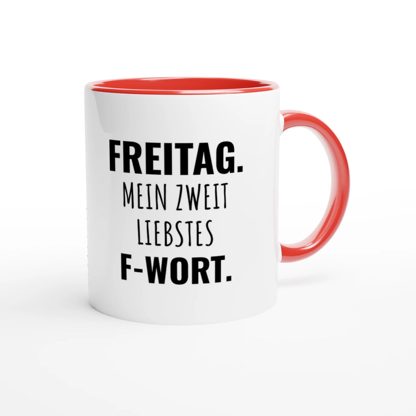 Zweifarbige Keramiktasse 325 ml mit Aufdruck "Freitag. Mein zweitliebstes F-Wort" in Rot – Schreibtischtasse von Vollzeitfrust
