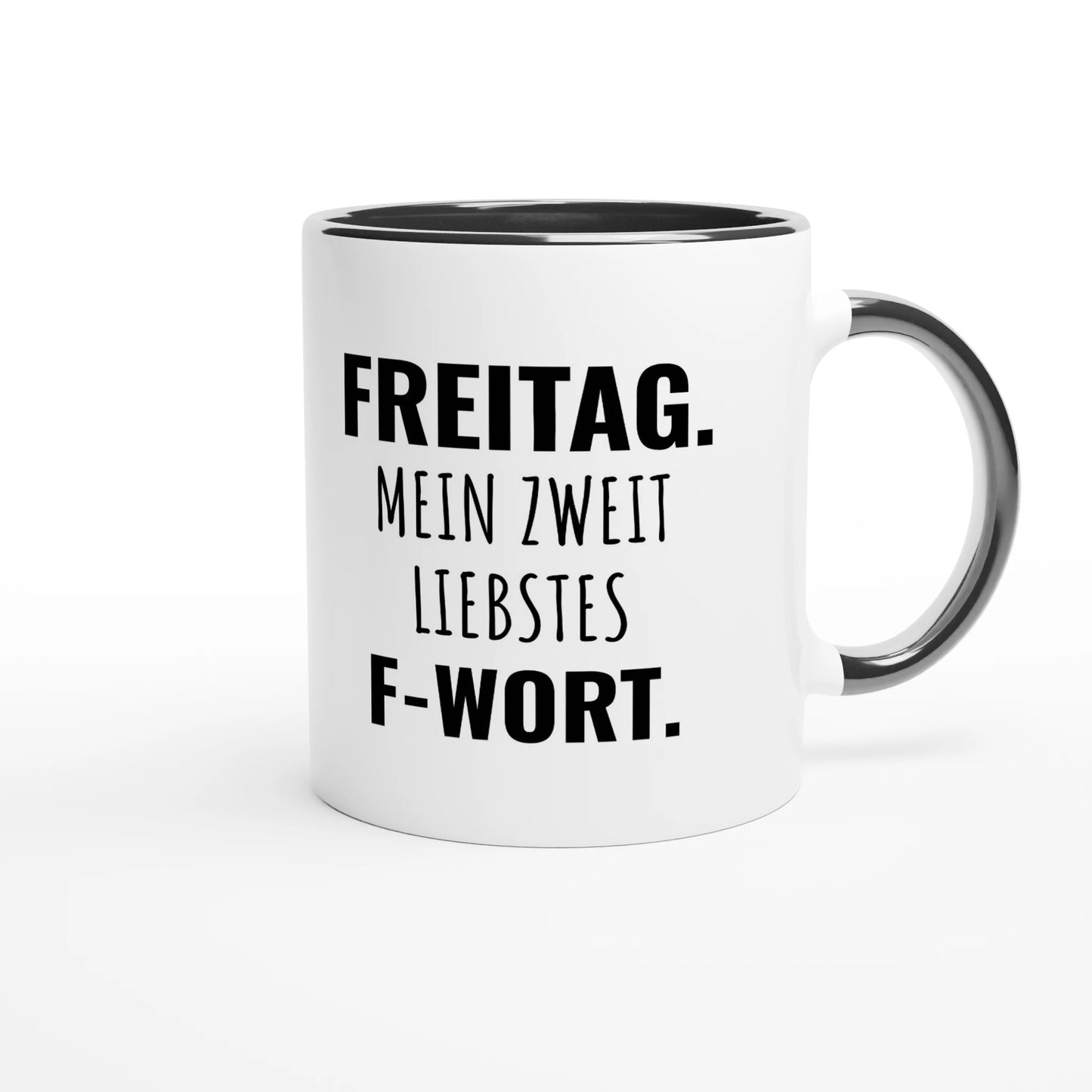 Zweifarbige Keramiktasse 325 ml mit Aufdruck "Freitag. Mein zweitliebstes F-Wort" in Schwarz – Schreibtischtasse von Vollzeitfrust
