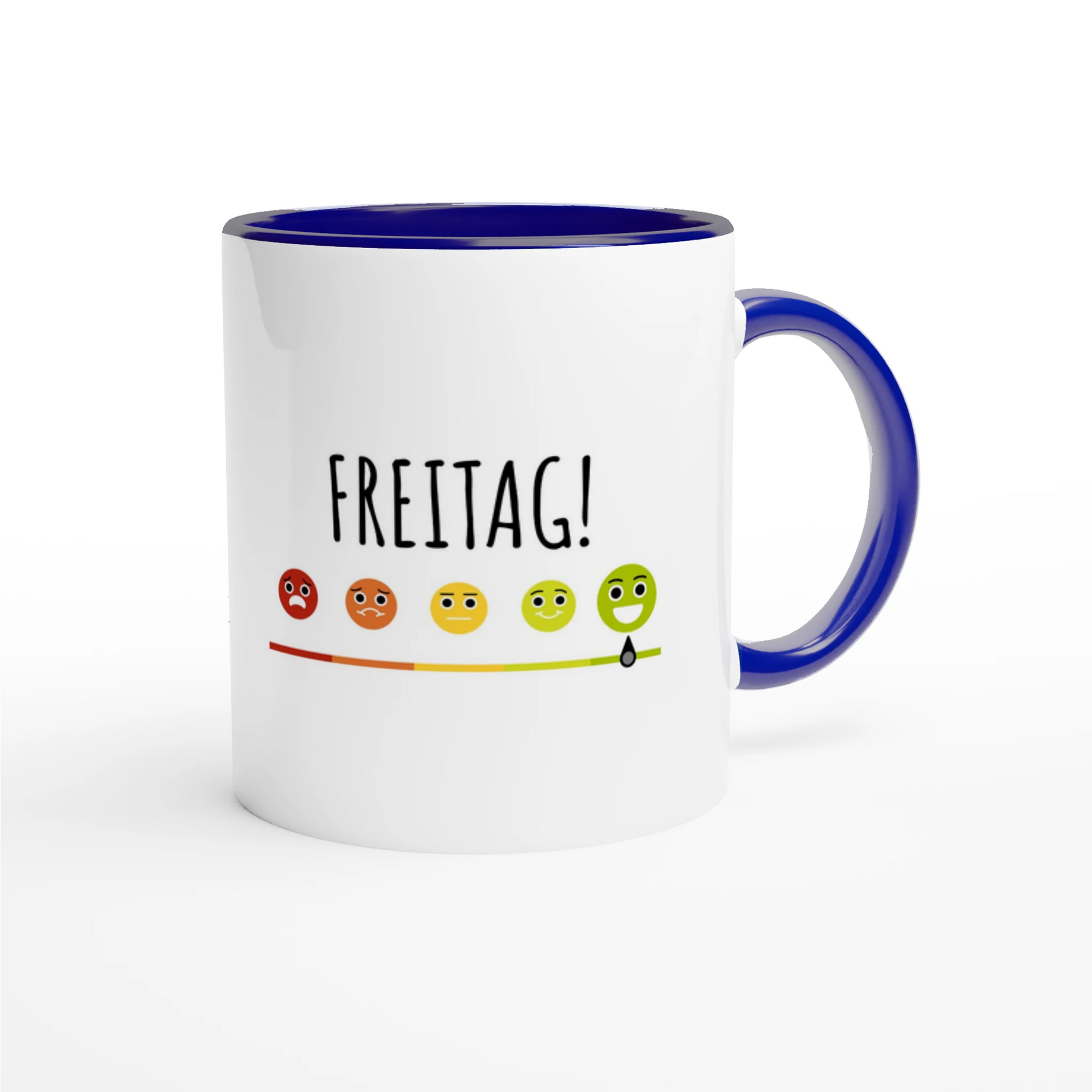 Zweifarbige Keramiktasse 325 ml mit Aufdruck "Freitag!" in Blau – Schreibtischtasse von Vollzeitfrust
