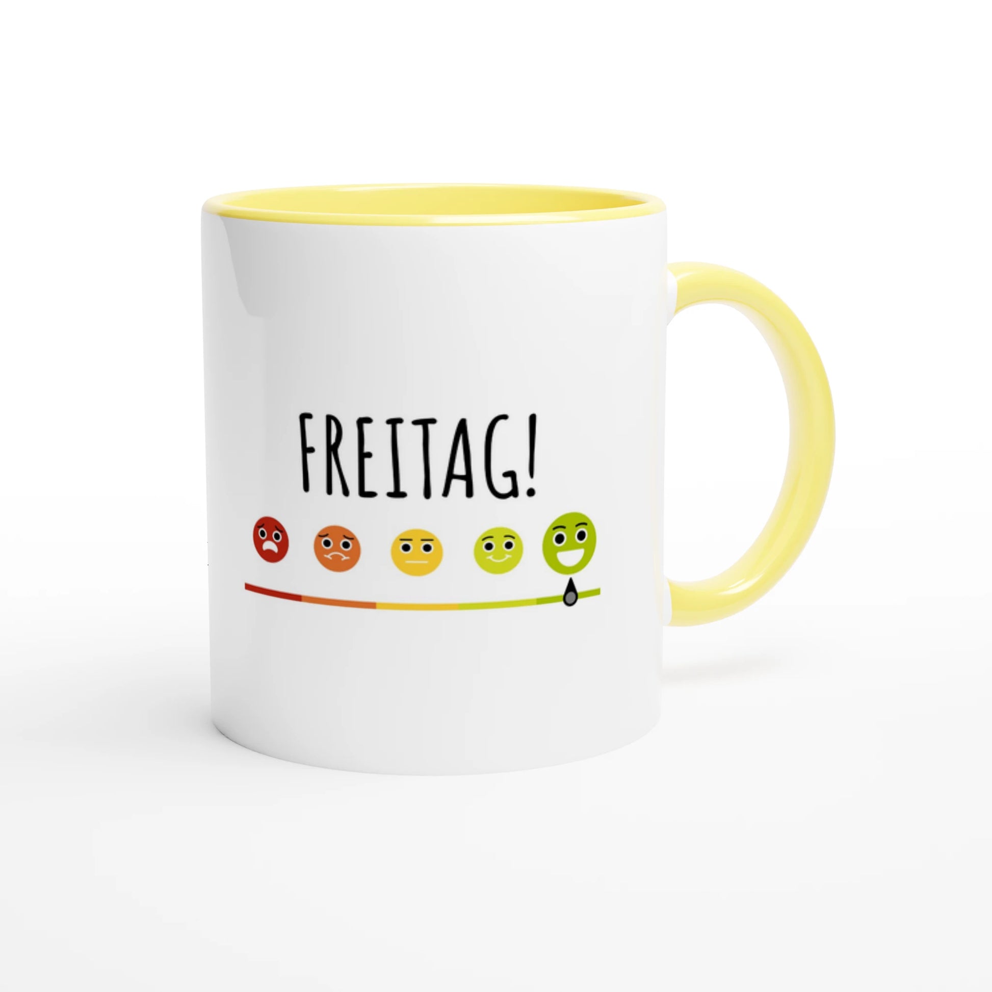 Zweifarbige Keramiktasse 325 ml mit Aufdruck "Freitag!" in Gelb – Schreibtischtasse von Vollzeitfrust
