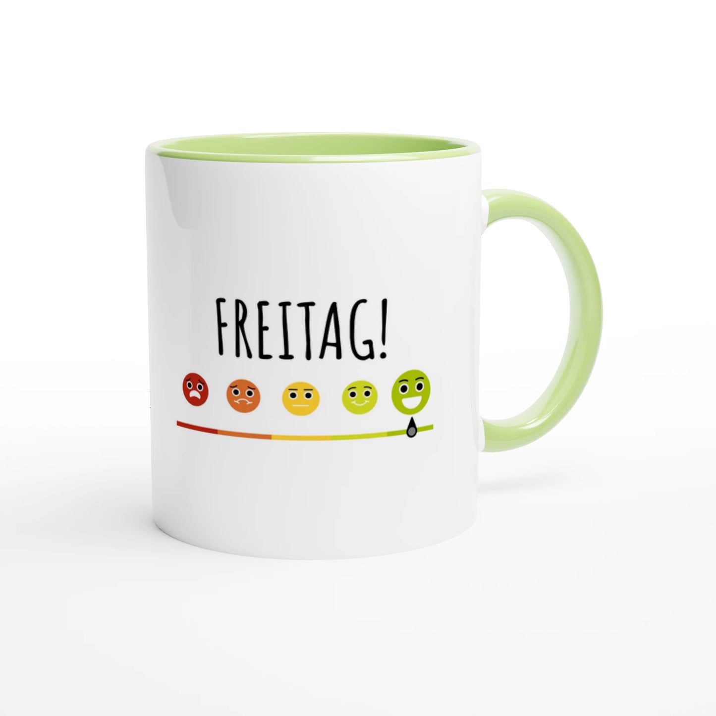 Zweifarbige Keramiktasse 325 ml mit Aufdruck "Freitag!" in Grün – Schreibtischtasse von Vollzeitfrust
