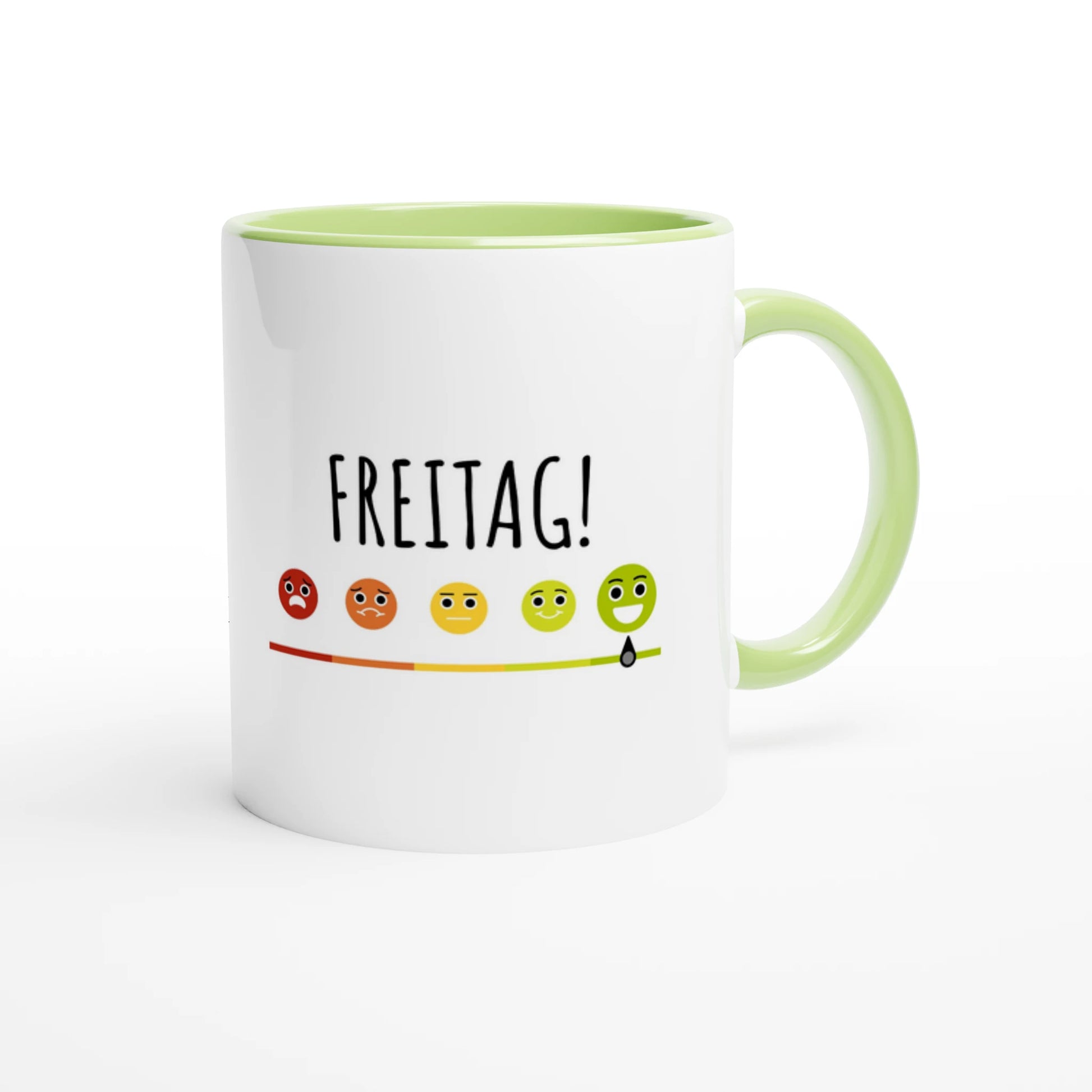 Zweifarbige Keramiktasse 325 ml mit Aufdruck "Freitag!" in Grün – Schreibtischtasse von Vollzeitfrust
