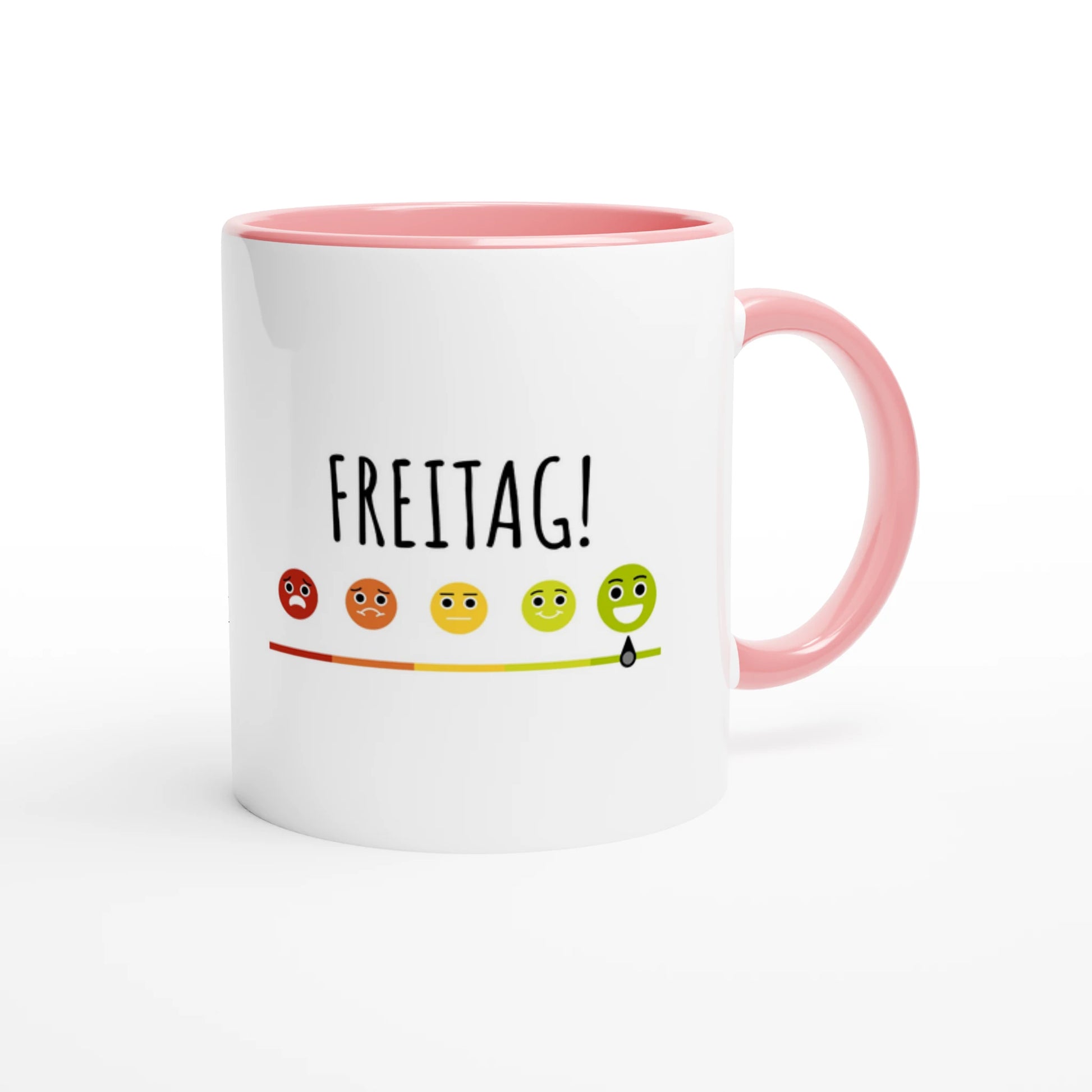 Zweifarbige Keramiktasse 325 ml mit Aufdruck "Freitag!" in Rosa – Schreibtischtasse von Vollzeitfrust
