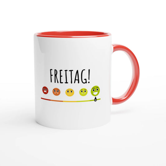 Zweifarbige Keramiktasse 325 ml mit Aufdruck "Freitag!" in Rot – Schreibtischtasse von Vollzeitfrust
