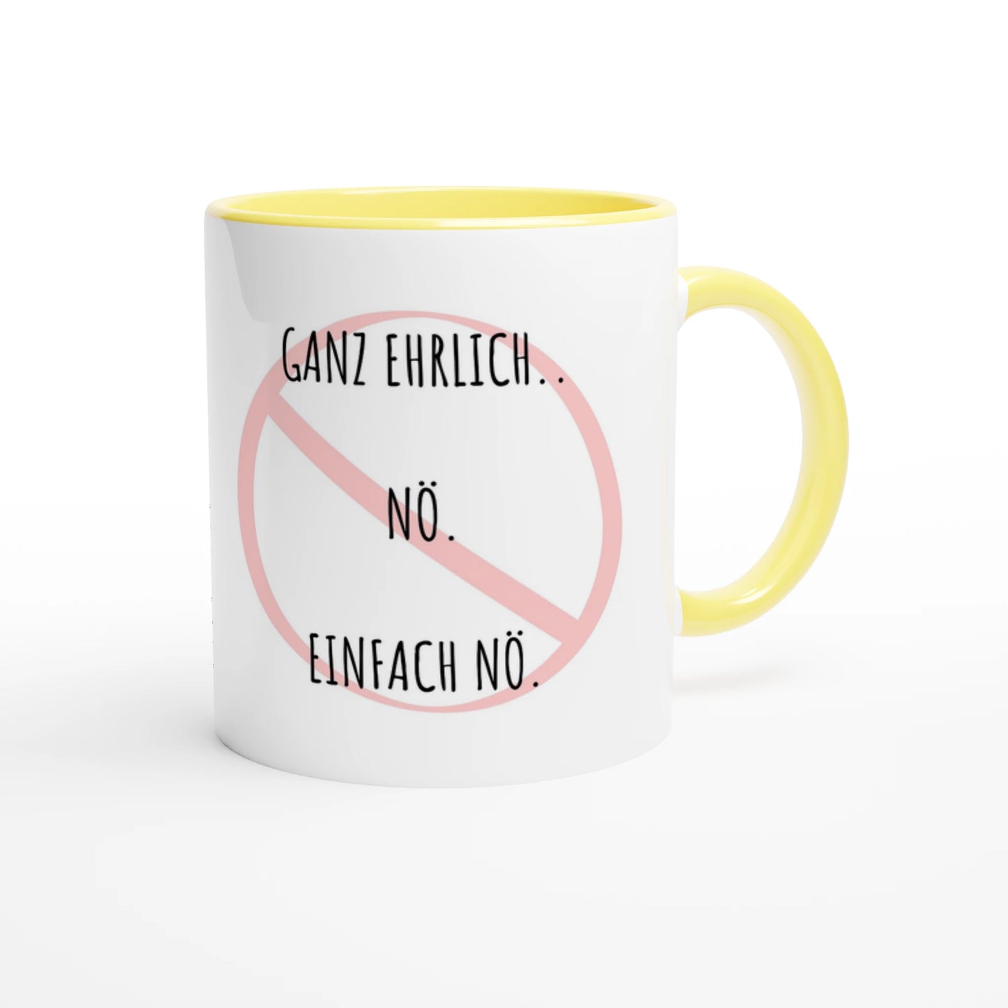 Zweifarbige Keramiktasse 325 ml mit Aufdruck "Ganz ehrlich.. Nö. Einfach Nö" in Gelb – Schreibtischtasse von Vollzeitfrust

