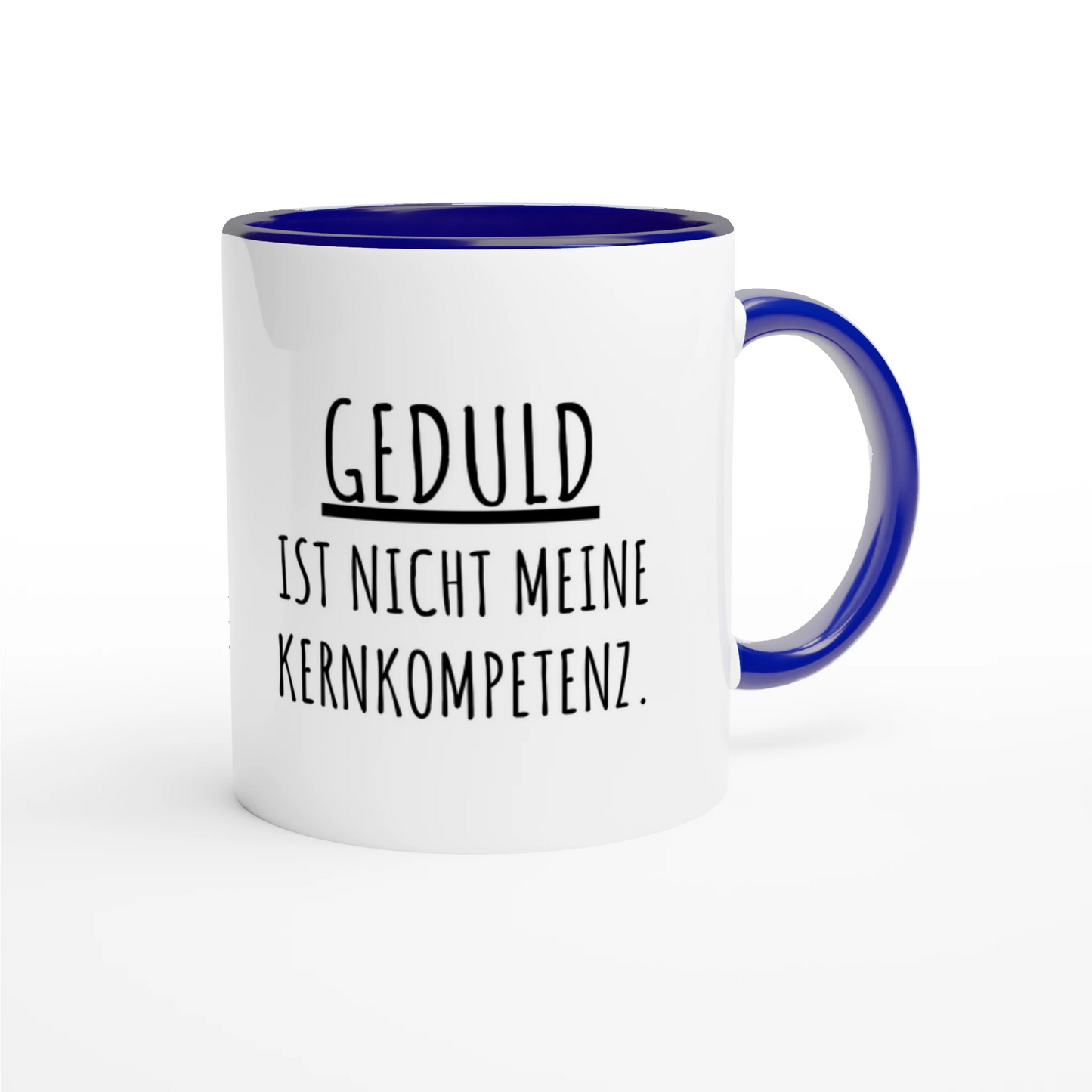 Zweifarbige Keramiktasse 325 ml mit Aufdruck "Geduld ist nicht meine Kernkompetenz" in Blau – Schreibtischtasse von Vollzeitfrust
