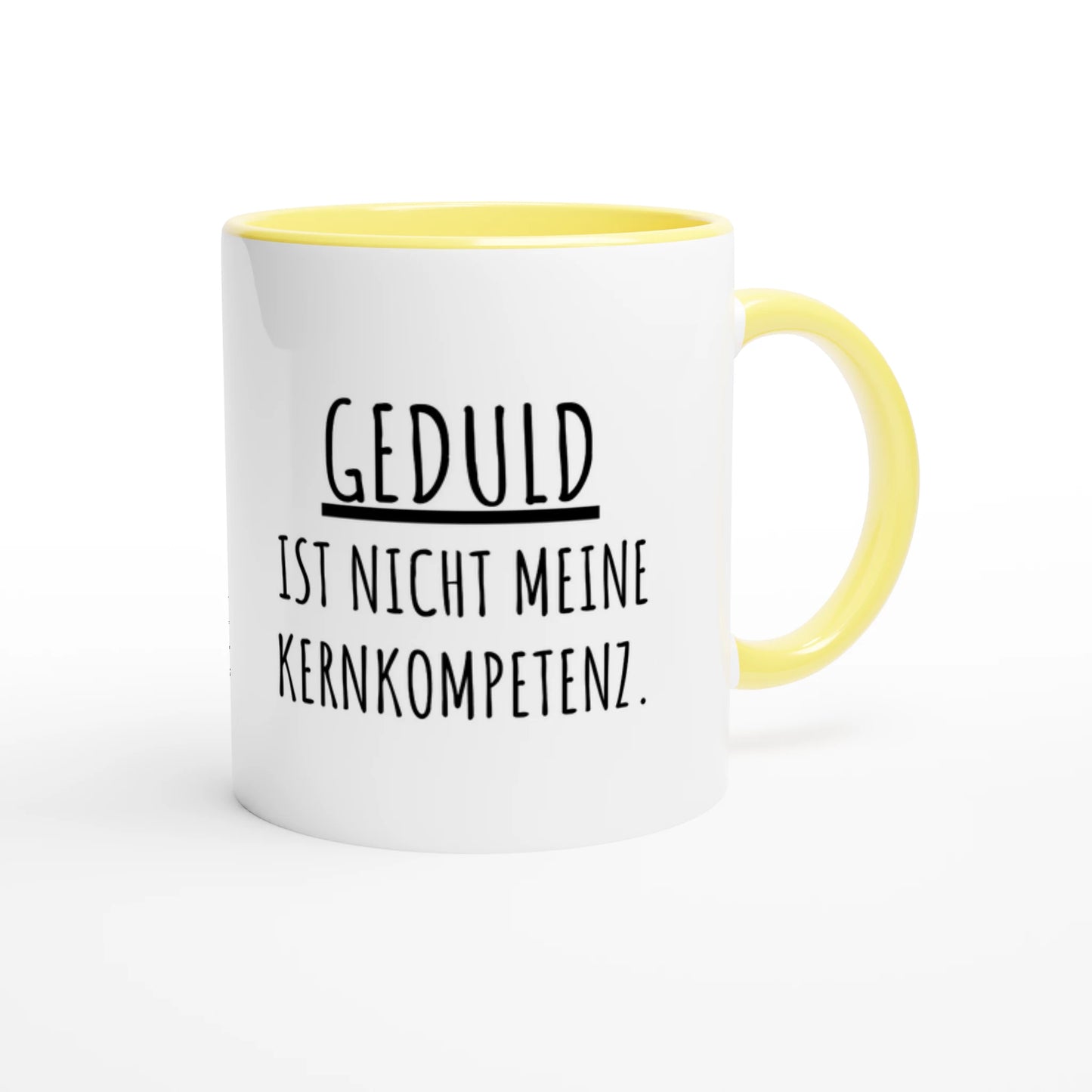 Zweifarbige Keramiktasse 325 ml mit Aufdruck "Geduld ist nicht meine Kernkompetenz" in Gelb – Schreibtischtasse von Vollzeitfrust

