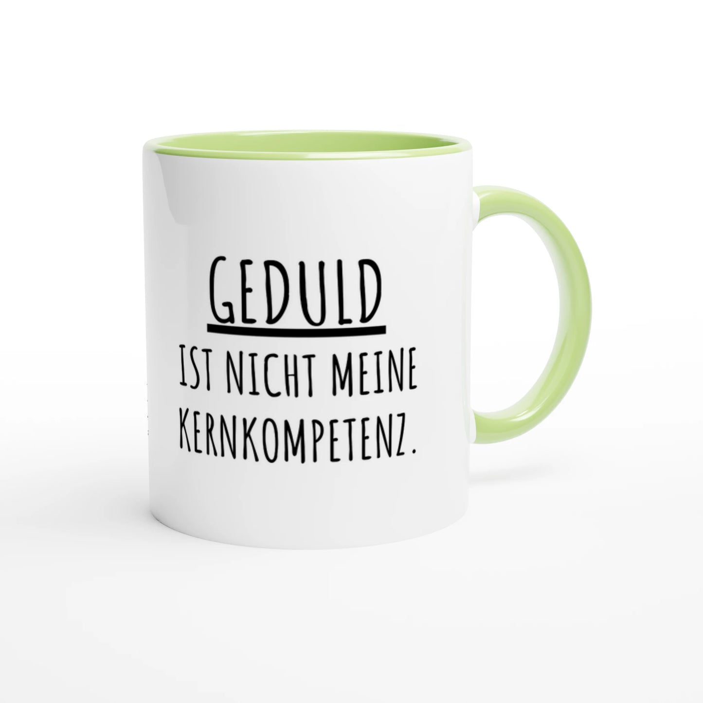 Zweifarbige Keramiktasse 325 ml mit Aufdruck "Geduld ist nicht meine Kernkompetenz" in Grün – Schreibtischtasse von Vollzeitfrust

