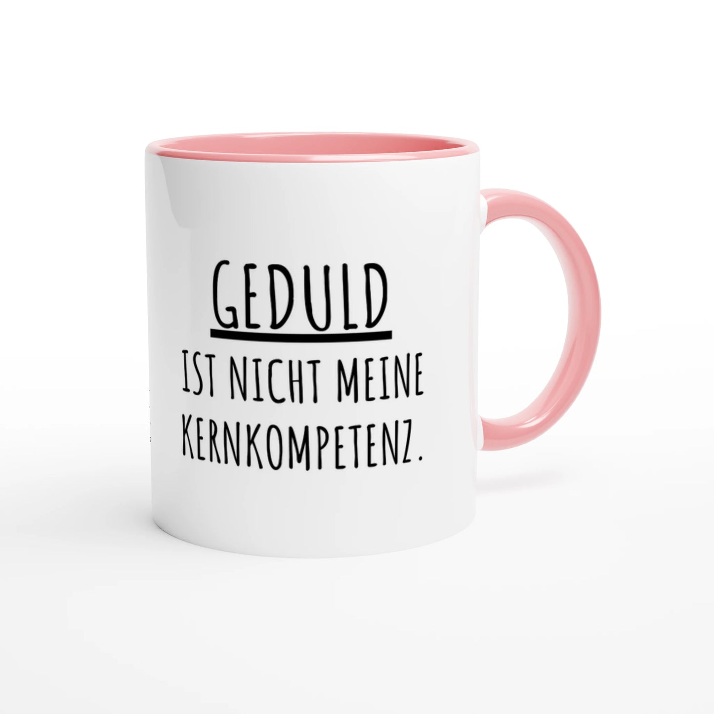 Zweifarbige Keramiktasse 325 ml mit Aufdruck "Geduld ist nicht meine Kernkompetenz" in Rosa – Schreibtischtasse von Vollzeitfrust
