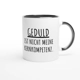 Zweifarbige Keramiktasse 325 ml mit Aufdruck "Geduld ist nicht meine Kernkompetenz" in Schwarz – Schreibtischtasse von Vollzeitfrust
