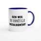 Zweifarbige Keramiktasse 325 ml mit Aufdruck "Geh weg, du unnötiger Sozialkontakt" in Blau – Schreibtischtasse von Vollzeitfrust
