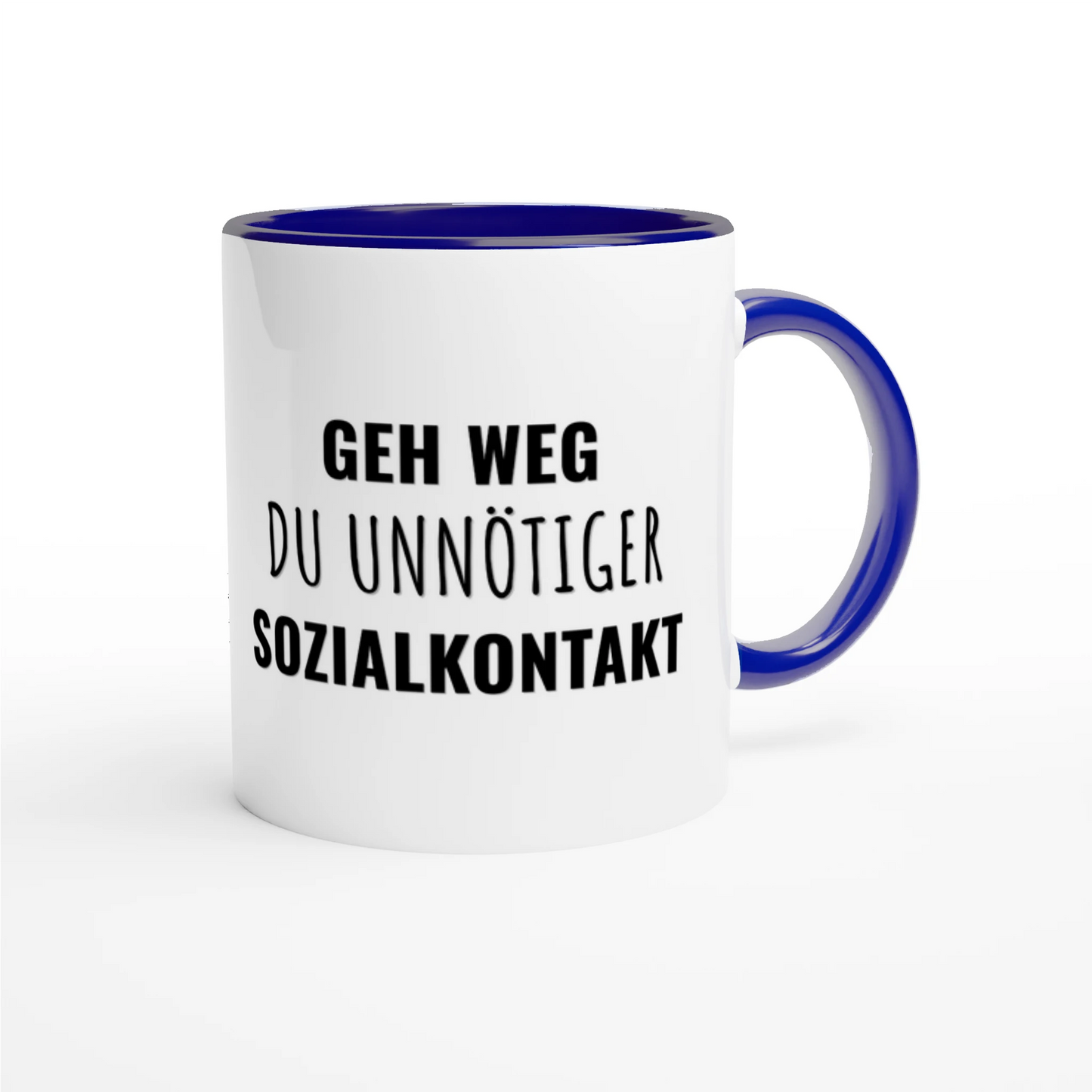 Zweifarbige Keramiktasse 325 ml mit Aufdruck "Geh weg, du unnötiger Sozialkontakt" in Blau – Schreibtischtasse von Vollzeitfrust
