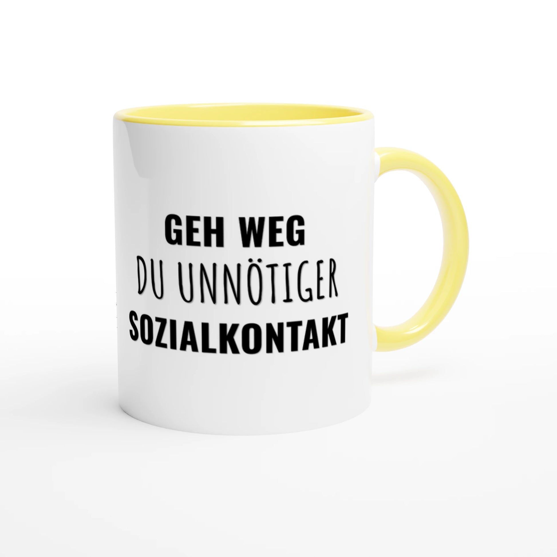 Zweifarbige Keramiktasse 325 ml mit Aufdruck "Geh weg, du unnötiger Sozialkontakt" in Gelb – Schreibtischtasse von Vollzeitfrust
