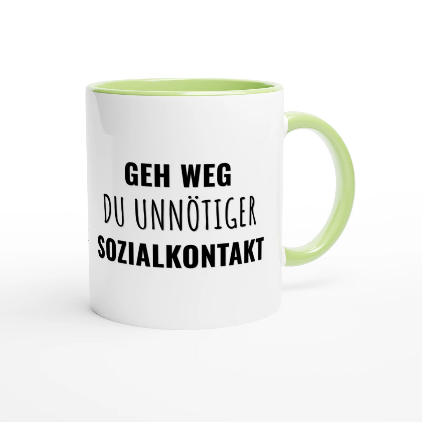 Zweifarbige Keramiktasse 325 ml mit Aufdruck "Geh weg, du unnötiger Sozialkontakt" in Grün – Schreibtischtasse von Vollzeitfrust

