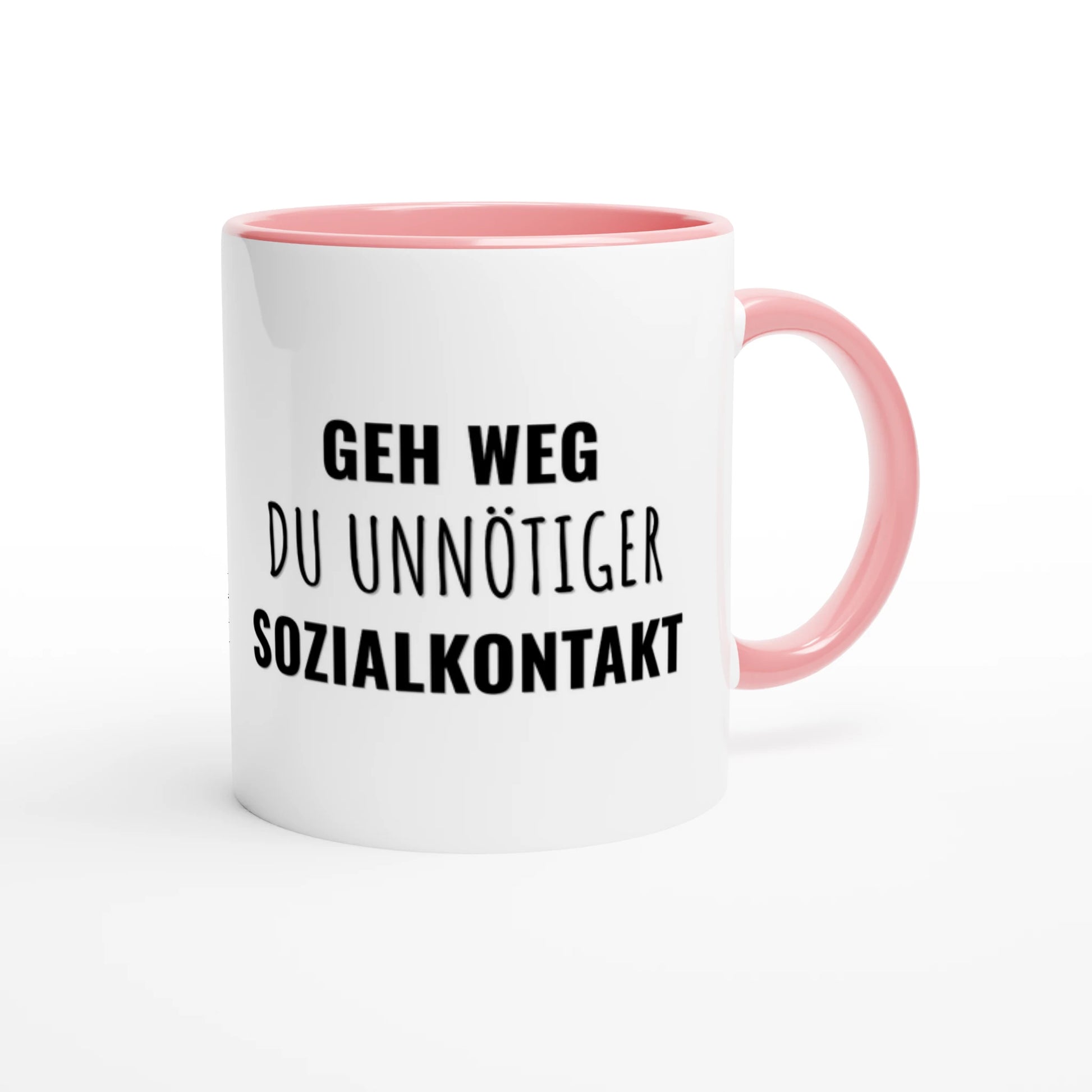 Zweifarbige Keramiktasse 325 ml mit Aufdruck "Geh weg, du unnötiger Sozialkontakt" in Rosa – Schreibtischtasse von Vollzeitfrust
