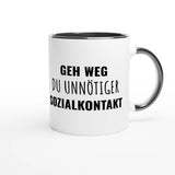 Zweifarbige Keramiktasse 325 ml mit Aufdruck "Geh weg, du unnötiger Sozialkontakt" in Schwarz – Schreibtischtasse von Vollzeitfrust
