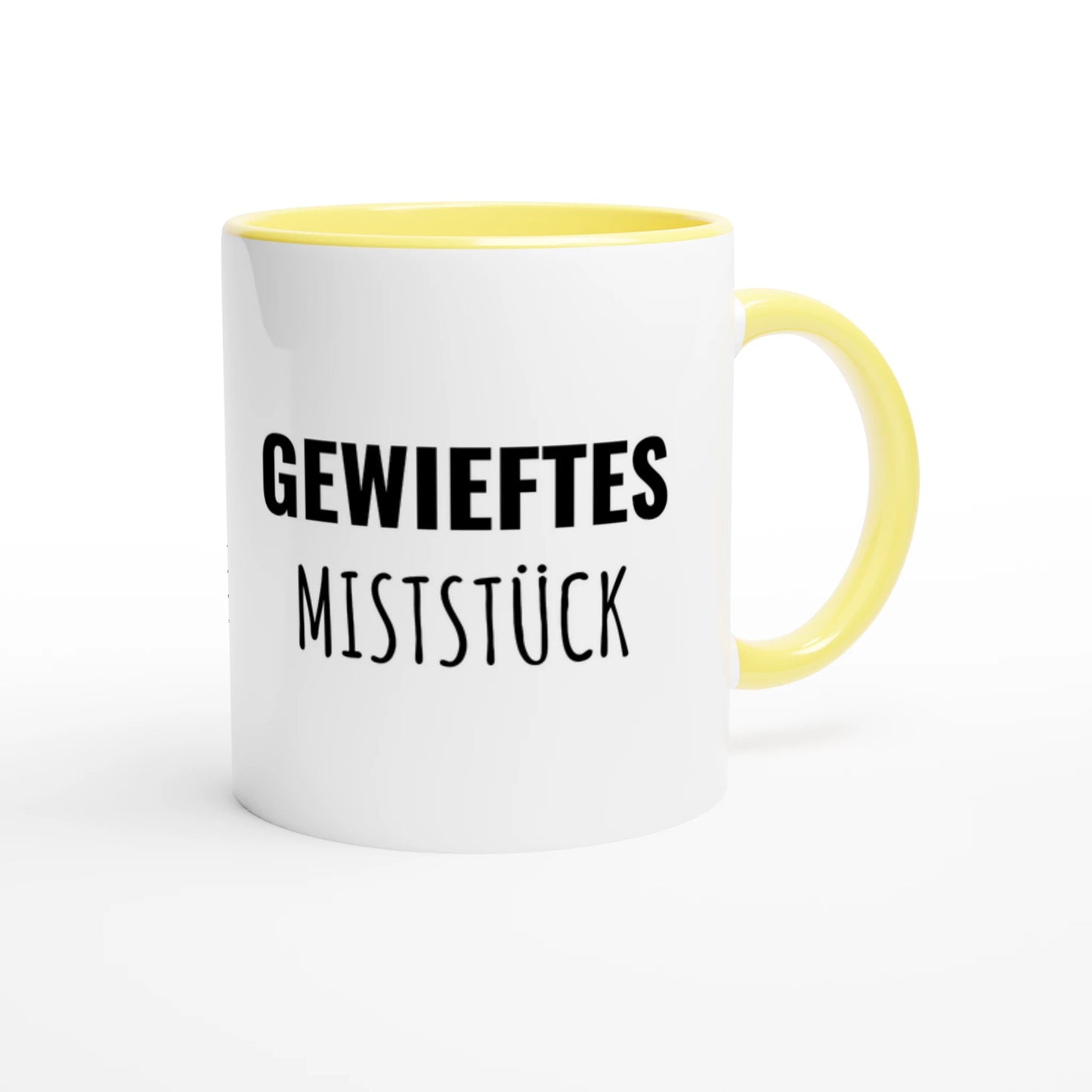 Zweifarbige Keramiktasse 325 ml mit Aufdruck "Gewieftes Miststück" in Gelb – Schreibtischtasse von Vollzeitfrust

