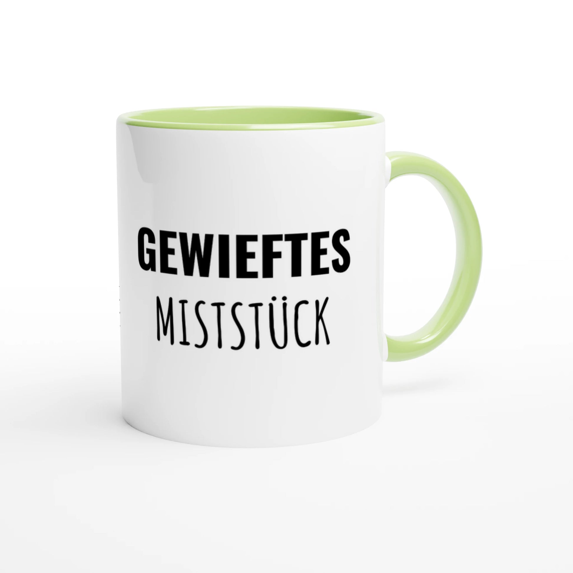 Zweifarbige Keramiktasse 325 ml mit Aufdruck "Gewieftes Miststück" in Grün – Schreibtischtasse von Vollzeitfrust
