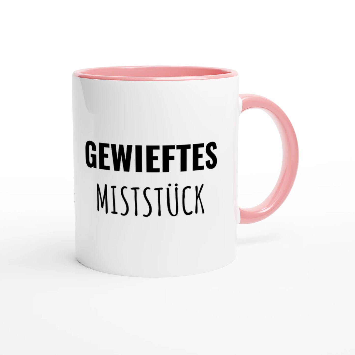 Zweifarbige Keramiktasse 325 ml mit Aufdruck "Gewieftes Miststück" in Rosa – Schreibtischtasse von Vollzeitfrust
