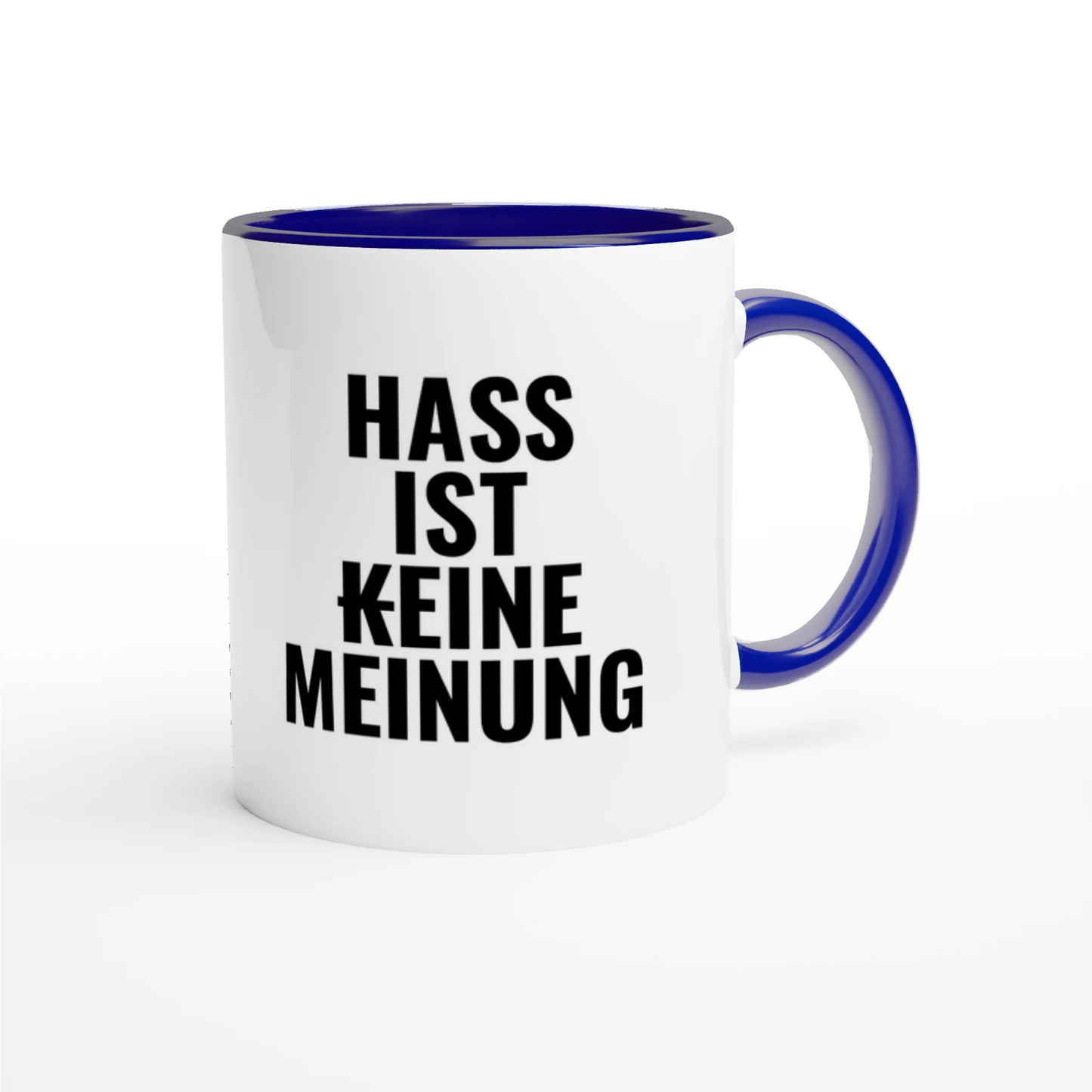 Zweifarbige Keramiktasse 325 ml mit Aufdruck "Hass ist (k)eine Meinung" in Blau – Schreibtischtasse von Vollzeitfrust
