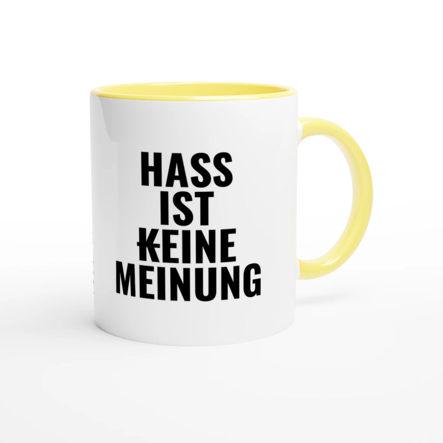 Zweifarbige Keramiktasse 325 ml mit Aufdruck "Hass ist (k)eine Meinung" in Gelb – Schreibtischtasse von Vollzeitfrust
