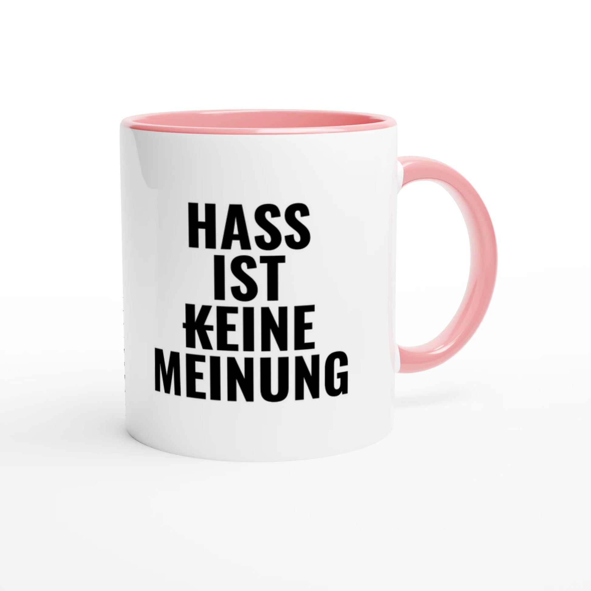 Zweifarbige Keramiktasse 325 ml mit Aufdruck "Hass ist (k)eine Meinung" in Rosa – Schreibtischtasse von Vollzeitfrust
