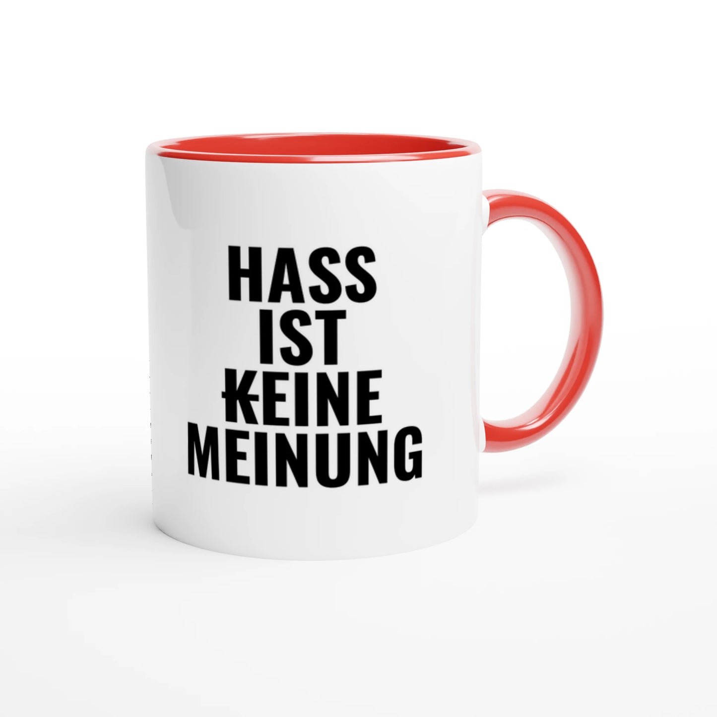 Zweifarbige Keramiktasse 325 ml mit Aufdruck "Hass ist (k)eine Meinung" in Rot – Schreibtischtasse von Vollzeitfrust
