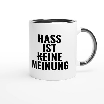 Zweifarbige Keramiktasse 325 ml mit Aufdruck "Hass ist (k)eine Meinung" in Schwarz – Schreibtischtasse von Vollzeitfrust
