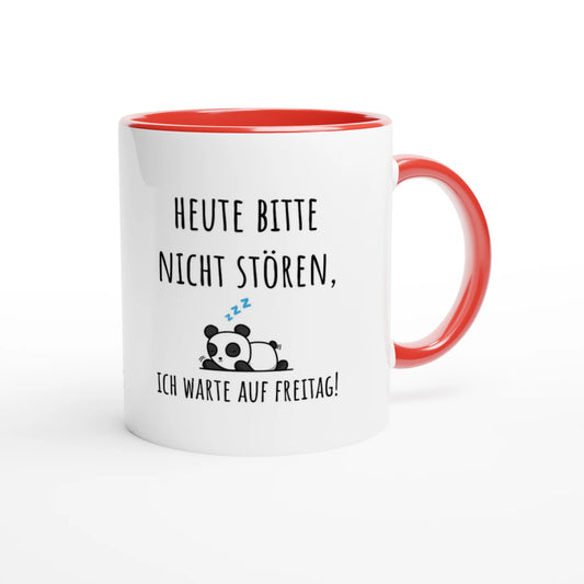 Zweifarbige Keramiktasse 325 ml mit Aufdruck "Heute bitte nicht stören, ich warte auf Freitag" in Rot – Schreibtischtasse von Vollzeitfrust