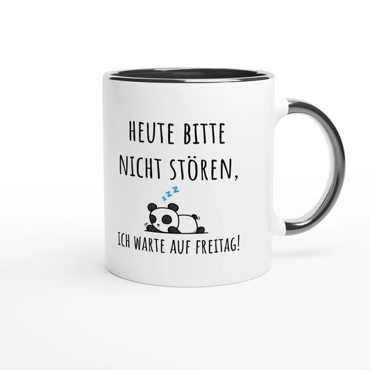 Zweifarbige Keramiktasse 325 ml mit Aufdruck "Heute bitte nicht stören, ich warte auf Freitag" in Schwarz – Schreibtischtasse von Vollzeitfrust