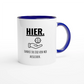 Zweifarbige Keramiktasse 325 ml mit Aufdruck "Hier. Kannst du dir von mir ausleihen" in Blau – Schreibtischtasse von Vollzeitfrust
