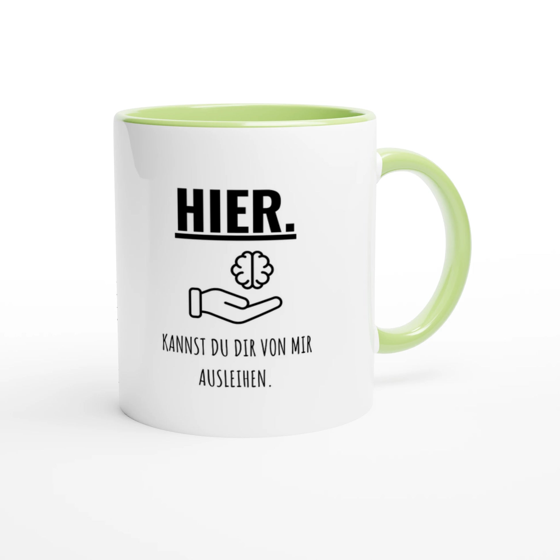 Zweifarbige Keramiktasse 325 ml mit Aufdruck "Hier. Kannst du dir von mir ausleihen" in Grün – Schreibtischtasse von Vollzeitfrust
