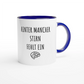 Zweifarbige Keramiktasse 325 ml mit Aufdruck "Hinter mancher Stirn fehlt ein 🧠" in Blau – Schreibtischtasse von Vollzeitfrust
