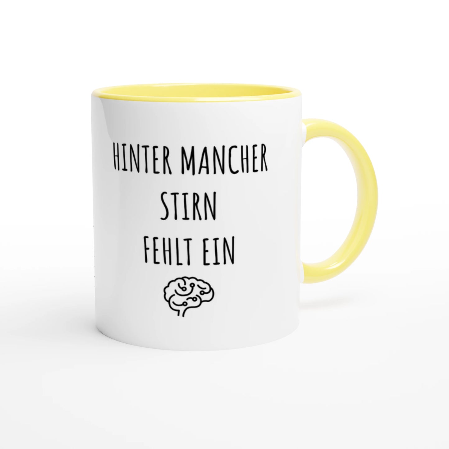 Zweifarbige Keramiktasse 325 ml mit Aufdruck "Hinter mancher Stirn fehlt ein 🧠" in Gelb – Schreibtischtasse von Vollzeitfrust
