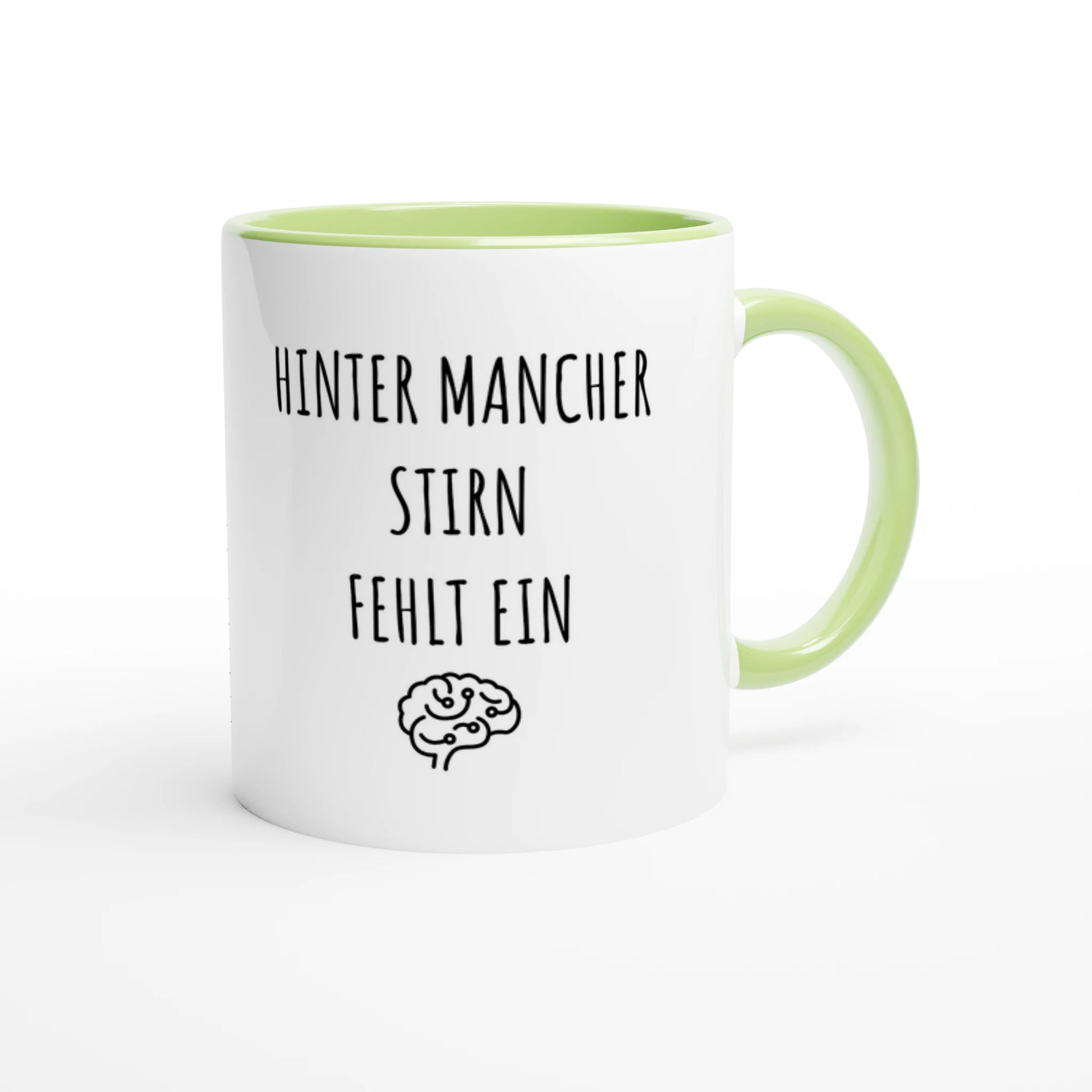Zweifarbige Keramiktasse 325 ml mit Aufdruck "Hinter mancher Stirn fehlt ein 🧠" in Grün – Schreibtischtasse von Vollzeitfrust
