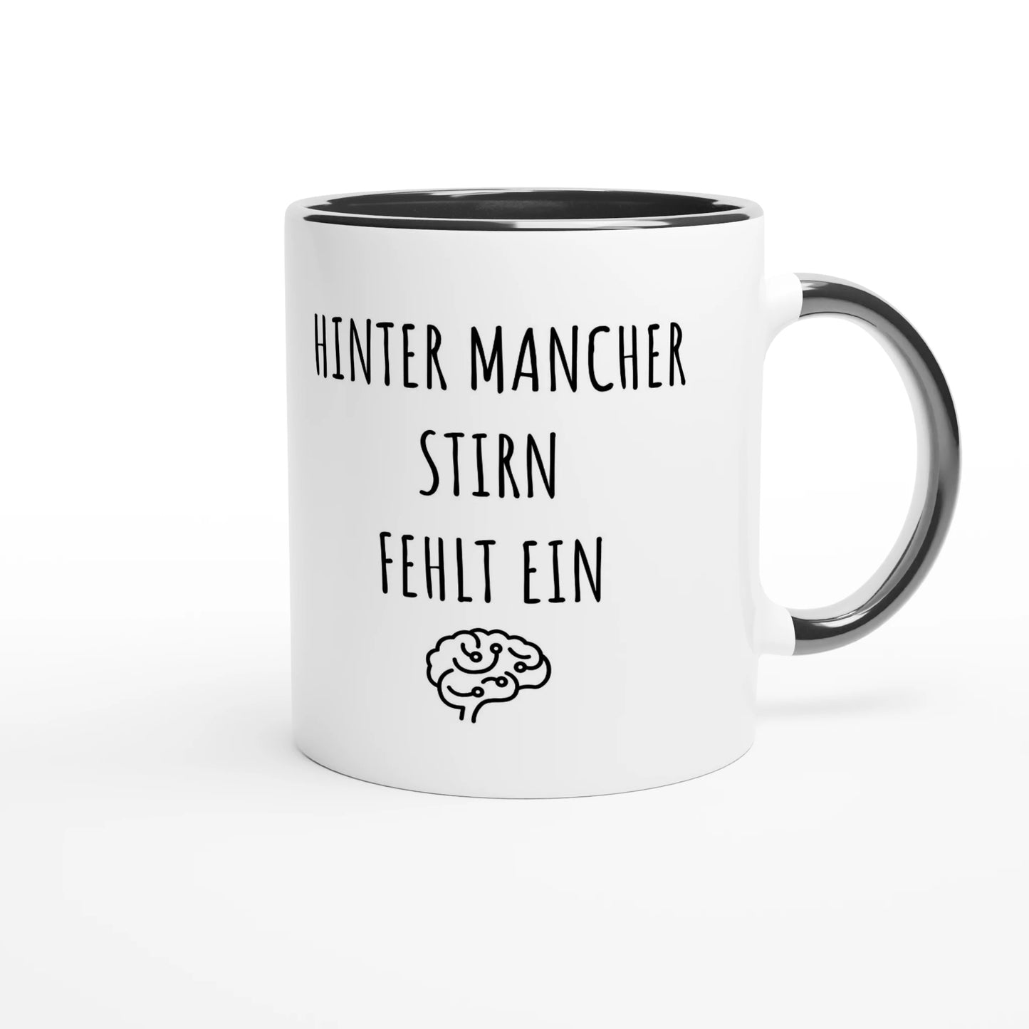 Zweifarbige Keramiktasse 325 ml mit Aufdruck "Hinter mancher Stirn fehlt ein 🧠" in Schwarz – Schreibtischtasse von Vollzeitfrust
