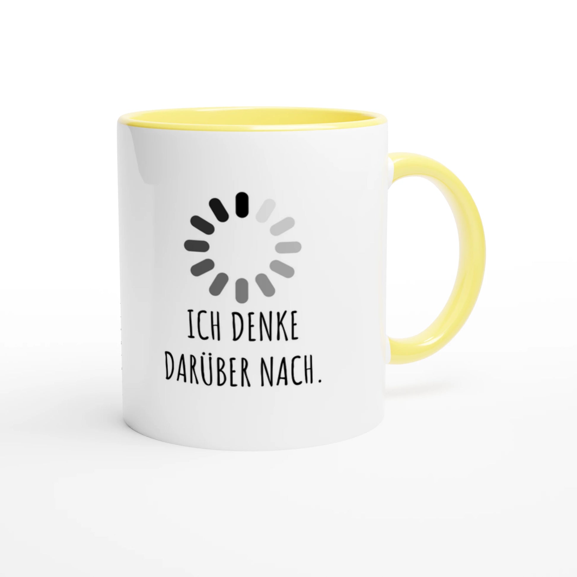 Zweifarbige Keramiktasse 325 ml mit Aufdruck "Ich denke darüber nach" in Gelb – Schreibtischtasse von Vollzeitfrust

