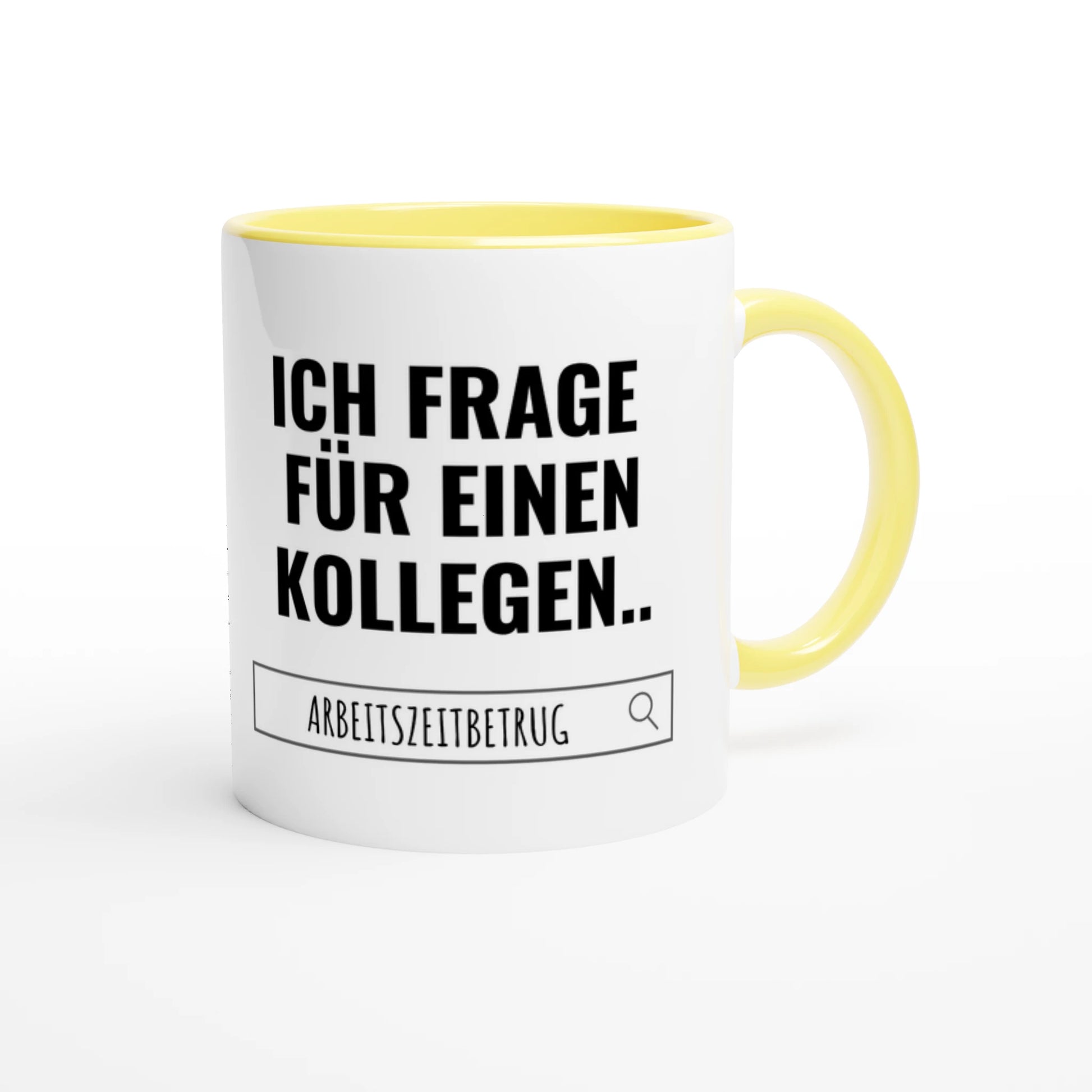 Zweifarbige Keramiktasse 325 ml mit Aufdruck "Ich frage für einen Kollegen" in Gelb – Schreibtischtasse von Vollzeitfrust
