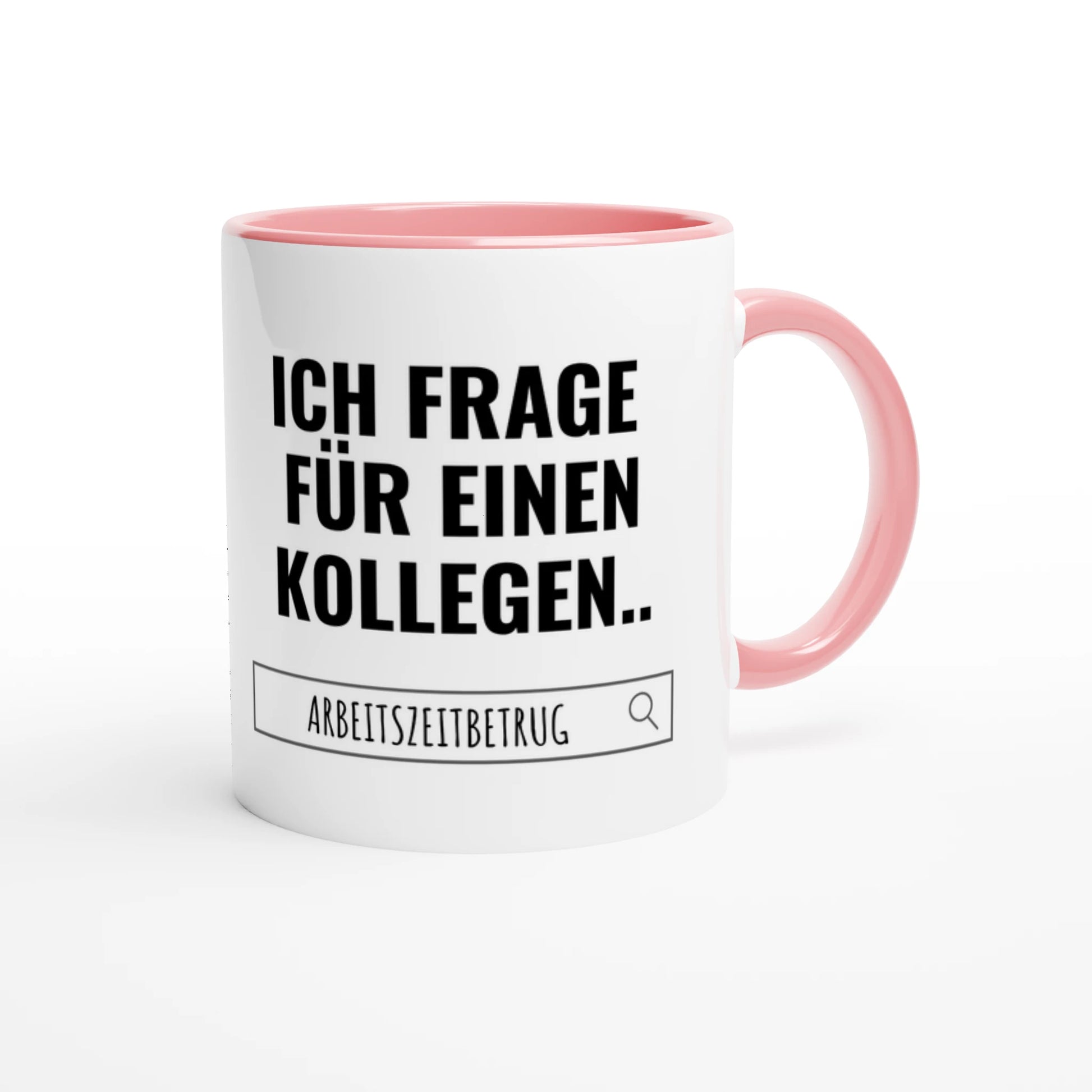 Zweifarbige Keramiktasse 325 ml mit Aufdruck "Ich frage für einen Kollegen" in Rosa – Schreibtischtasse von Vollzeitfrust
