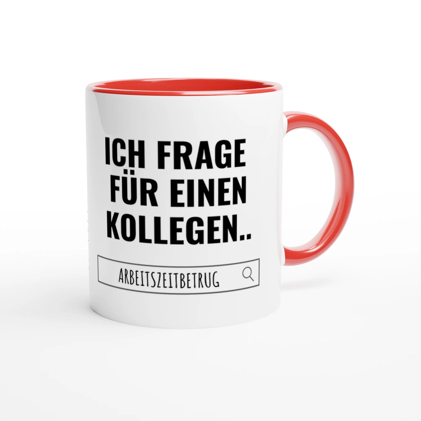 Zweifarbige Keramiktasse 325 ml mit Aufdruck "Ich frage für einen Kollegen" in Rot – Schreibtischtasse von Vollzeitfrust

